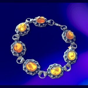 Vintage sterling silver and Baltic Amber floral link bracelet 7.5”
